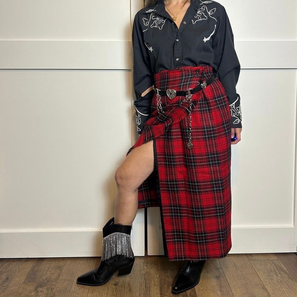 Rafaella Plaid Wool Maxi Skirt Wrap Pencil Western Alt Punk Vintage